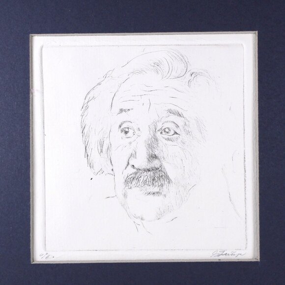 Vintage Albert Einstein Etch, Black and white original artist signed square - Picture 1 of 10